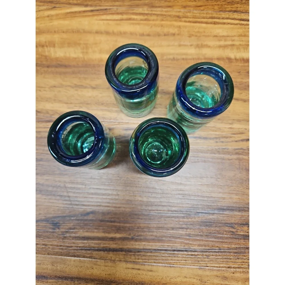 Lot of 4 Del Dueno Anejo Tequila Shooter Hand Blown Blue‎ Green Rim Shot Glasses